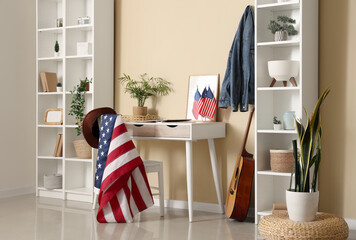 USA flags, table and racks in interior of living room