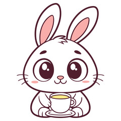 Fototapeta premium Cute White Bunny with Pink Ears Holding Cup of Tea, Isolated on White Background