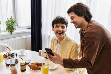 Celebrating love in a modern apartment with a joyful breakfast moment