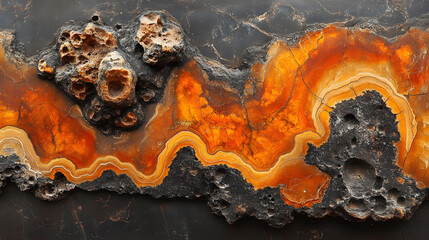 Obraz premium Earthy Elegance: An abstract view of a striking display of nature's artwork in a mosaic of orange and black stones. the beauty of geological marvels and abstract textures