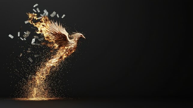 A fiery phoenix rises from a dark background, composed of sparkling particles and cash, symbolizing rebirth and wealth.