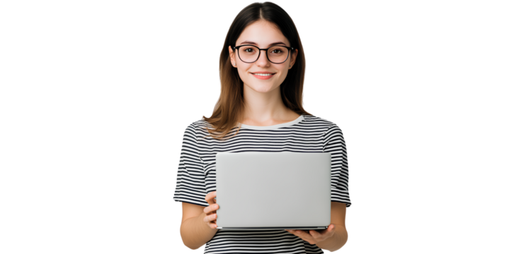 A woman in a striped shirt holding a laptop computer, isolated on a transparent background