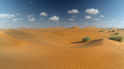 Fototapeta premium Golden Sands and Azure Skies: Vast undulating sand dunes stretch towards the horizon under a vibrant blue sky dotted with fluffy clouds, creating a mesmerizing panorama of the desert.