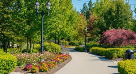 Naklejka premium Serene park path lined with flowering plants and trees on sunny day