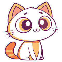 Cute Cartoon Cat Sitting With Big Eyes, White Fur with Orange Accents, Isolated