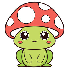 Cute Cartoon Toadstool, Red Cap, Green Body, White Spots, Black Outline, Kawaii