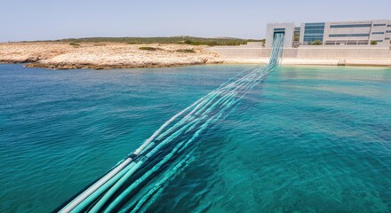 Seawater desalination plant with pipes in ocean