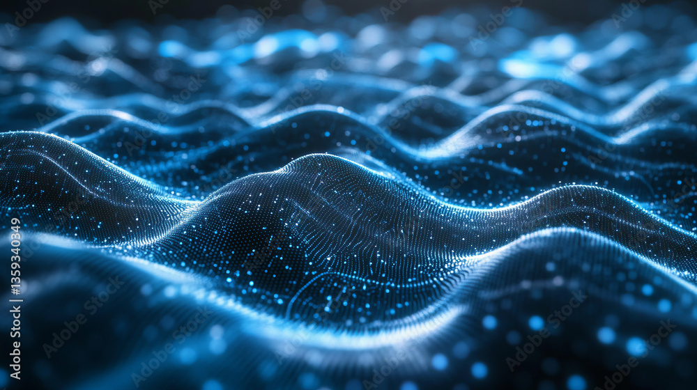 Poster big data processing. abstract artificial neural network. cyber field of wavy particles. 3d illustrat