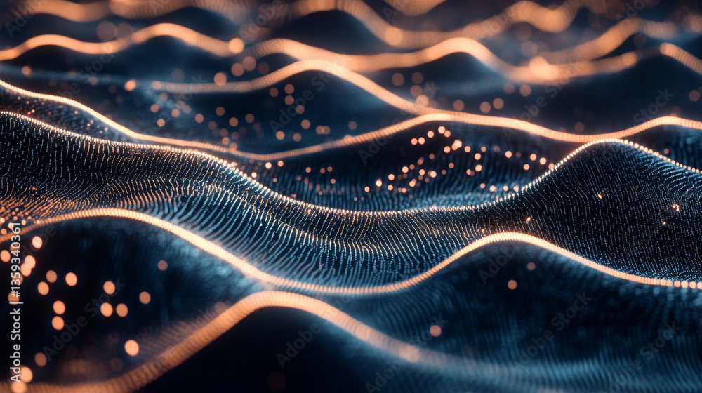 Poster big data processing. abstract artificial neural network. cyber field of wavy particles. 3d illustrat
