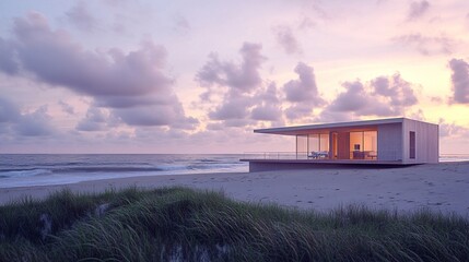 Fototapeta premium Contemporary beachfront home with minimalist design, a spacious deck facing the ocean, sunset casting soft pastel tones across the sky and waves 