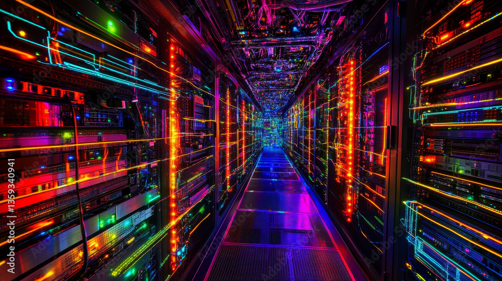 Poster global information flows, big data analytics. stream of digital beams flowing around the central pro