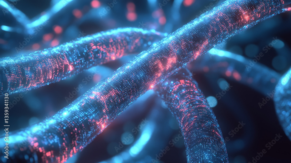 Poster information in digital coded streams. 3d illustration of interlaced beams of data code. cyber field 