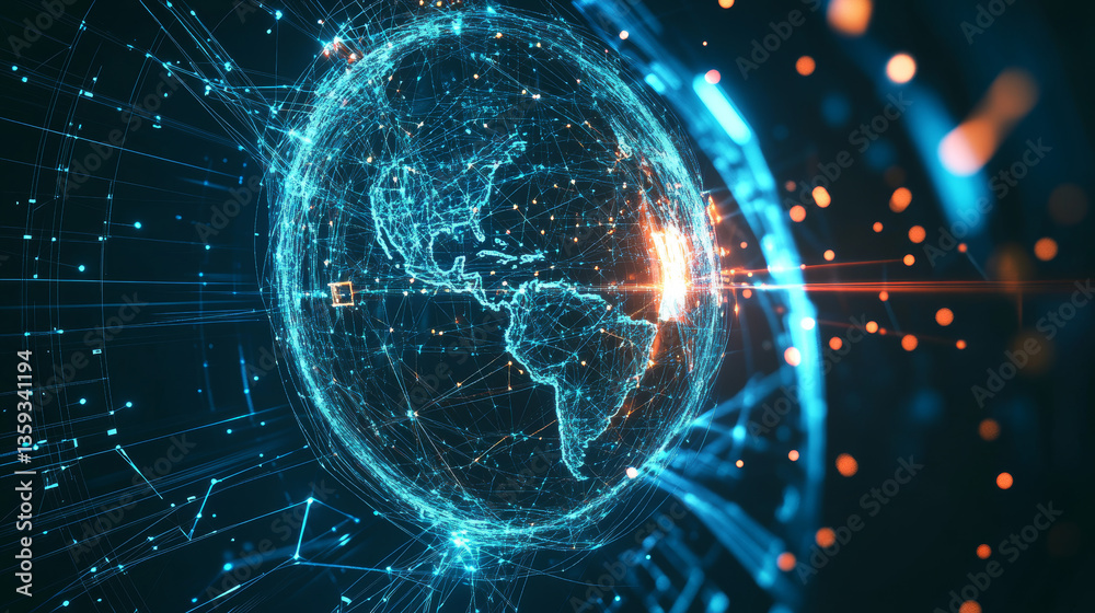 Poster global network. blockchain 3d illustration. neural networks and artificial intelligence. concept of 