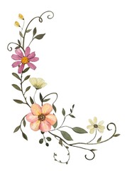 Composition with watercolor pressed dry flowers and leaves isolated on white background