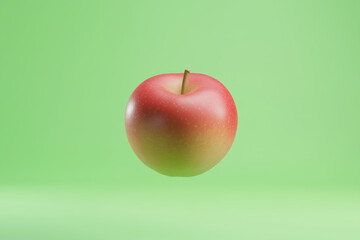 Floating Red Apple with Shadow on Green Background