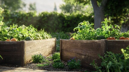 Two wooden raised garden beds overflowing with lush vegetables and herbs