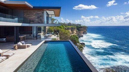 Fototapeta premium Contemporary coastal retreat, cantilevered design, infinity pool overlooking crashing waves below 