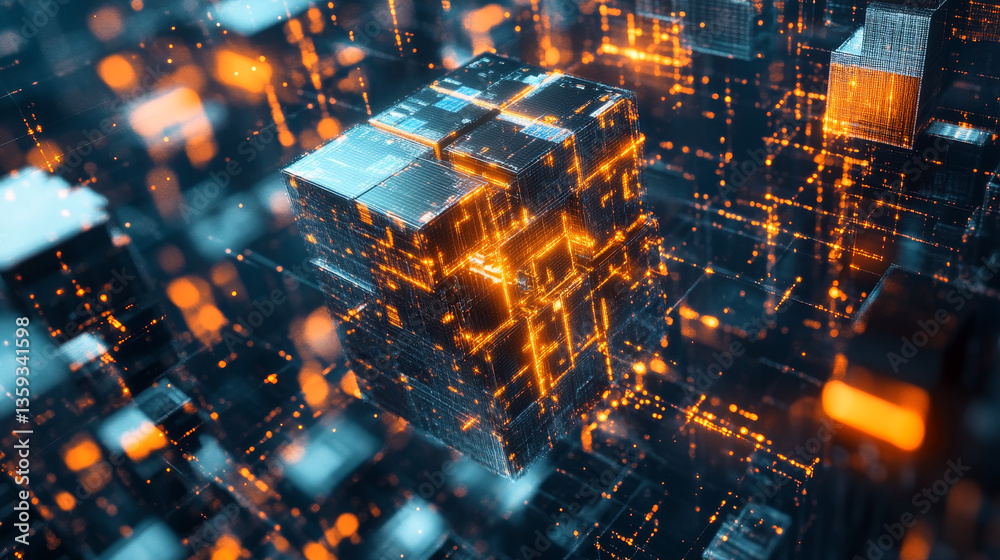 Poster blockchain abstract concept. hi-tech square blocks are collected in a cubic array against background