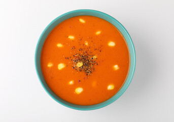 tomato soup with sweet corn on white background