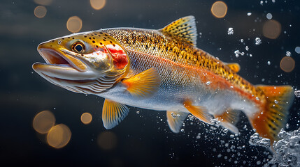 Fototapeta premium Majestic Rainbow Trout in Aquatic Dance: This breathtaking image features a vibrantly colored rainbow trout gracefully navigating the depths of an aquatic realm.