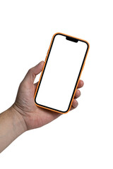 Concept product advertising, technology, marketing. Hand holding smartphone with blank screen isolated