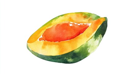 Vibrant Watercolor Painting of a Half Papaya