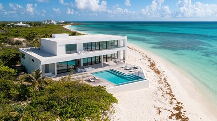 Fototapeta premium Contemporary white home with seamless rooftop terrace, facing the ocean, soft sandy beach below 