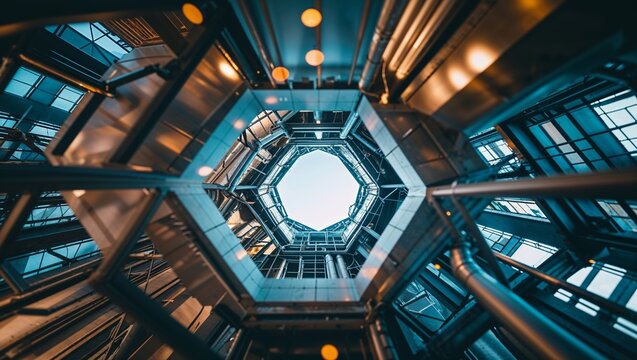 Unique architectural perspective of a modern building taken from below during daylight
