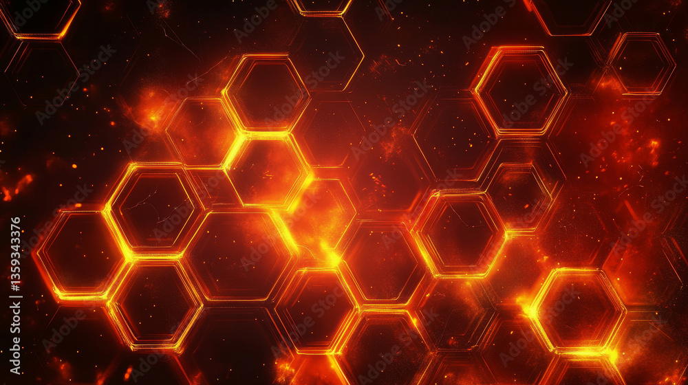 Poster futuristic background with flaming hexagons. abstract concept of technology blockchain. 3d illustrat