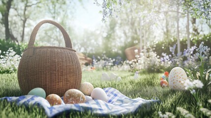 Easter Basket with Eggs and Spring Flowers in a Pastel Rural Meadow: Whimsical Nature-Themed Holiday Celebration