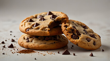 A trio of warm, golden-brown chocolate chip cookies, one broken to reveal gooey chocolate, isolated on a white background.