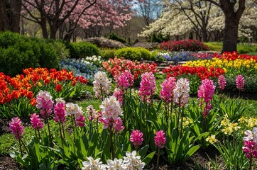 Spring garden landscape with blooming tulips and cherry blossoms  