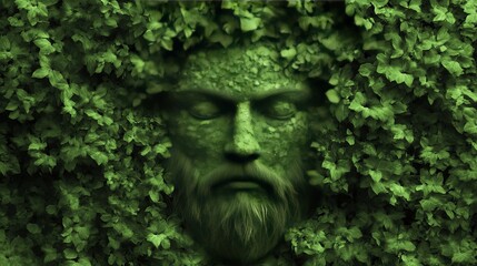 Obraz premium Ancient stone face shrouded in lush green ivy foliage, symbolizing nature, mythology, Earth Day harmony