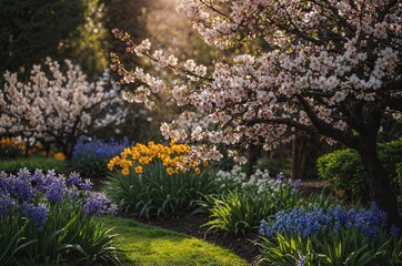 Obraz premium Vibrant garden scene with flowers and a birdhouse in springtime 