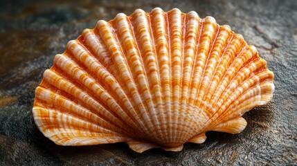 Obraz premium Close-up of a scallop shell with intricate orange and white striations