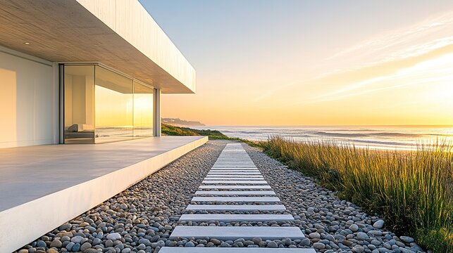 Elegant contemporary coastal home with a minimalist design, white faade accented by natural stone, beach pebbles lining the pathway, and ocean waves in the background 