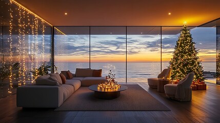 Elegant living room with warm Christmas decor, glowing yellow string lights, ocean sunset framed by glass walls, Christmas tree sparkling in the corner