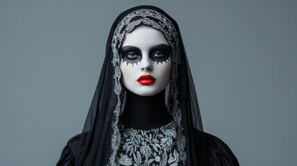 Gothic makeup woman in black veil, Day of the Dead, Halloween, mysterious cultural celebration portrait