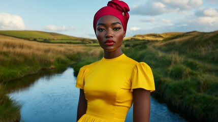 African woman in vibrant yellow dress and red headwrap, serene nature landscape, empowerment, cultural celebration