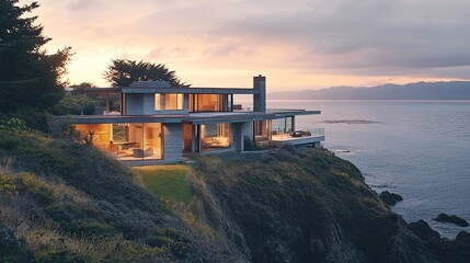 Elegant modern coastal house perched on a cliff, large open windows framing the ocean at sunset, warm light illuminating the clean architectural lines 