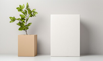 Simple Setup: A potted plant adds a touch of life to a clean, modern setting with a blank canvas, offering a serene and adaptable aesthetic.
