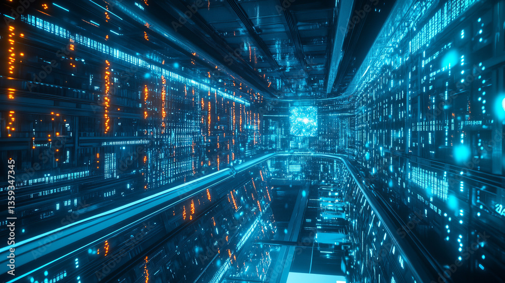 Poster futuristic mining farm. big data analytics platform. quantum processor in the global computer networ