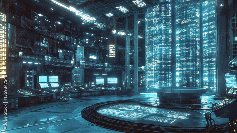 Poster futuristic mining farm. big data analytics platform. quantum processor in the global computer networ