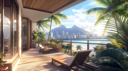 Fototapeta premium Elevated balcony surrounded by tropical palms, sweeping views of beaches, urban skyline, and majestic mountain range, soft light, morning breeze. 