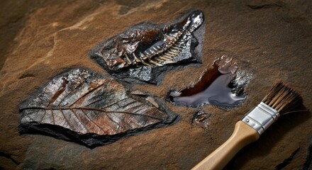 Obraz premium Fossils of fish and leaf displayed with brush on rock