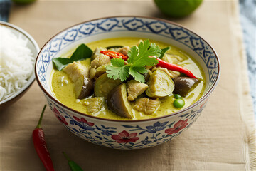 Delicious Chicken Green Curry in Bowl - Thai Food Photography, Authentic Cuisine, Green Sauce, Rice, Chili Peppers, Floral Patterned Bowl on Beige Tablecloth