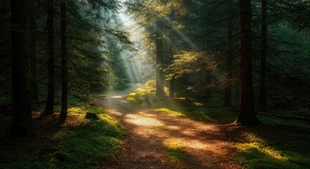 Obraz premium Sunlight beams through serene forest path, illuminating greenery