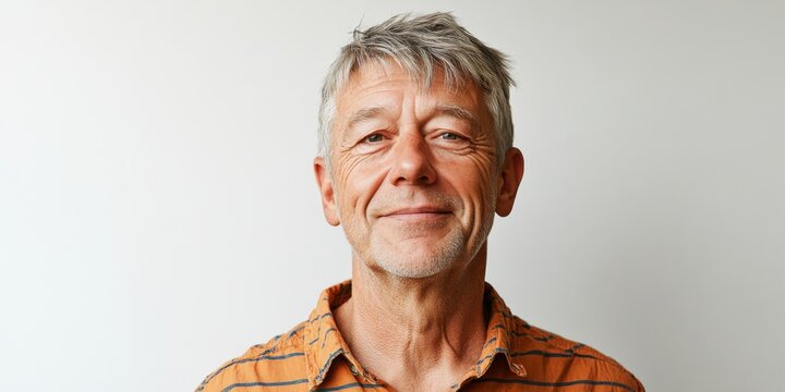 A smiling older man with gray hair poses casually against a neutral background. His joyful expression radiates warmth and kindness. 
