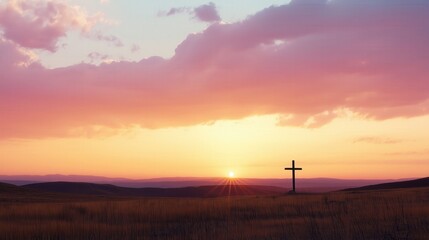 Cross Silhouette at Sunset: Faith and Serenity in a Scenic Rural Landscape