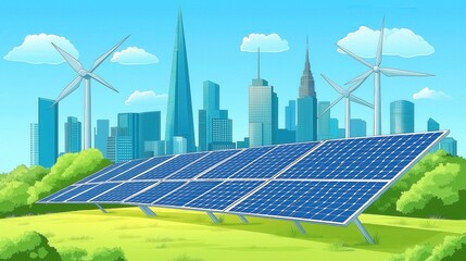Solar Panels and Wind Turbines Powering Sustainable Urban Landscapes: A Renewable Energy City Skyline